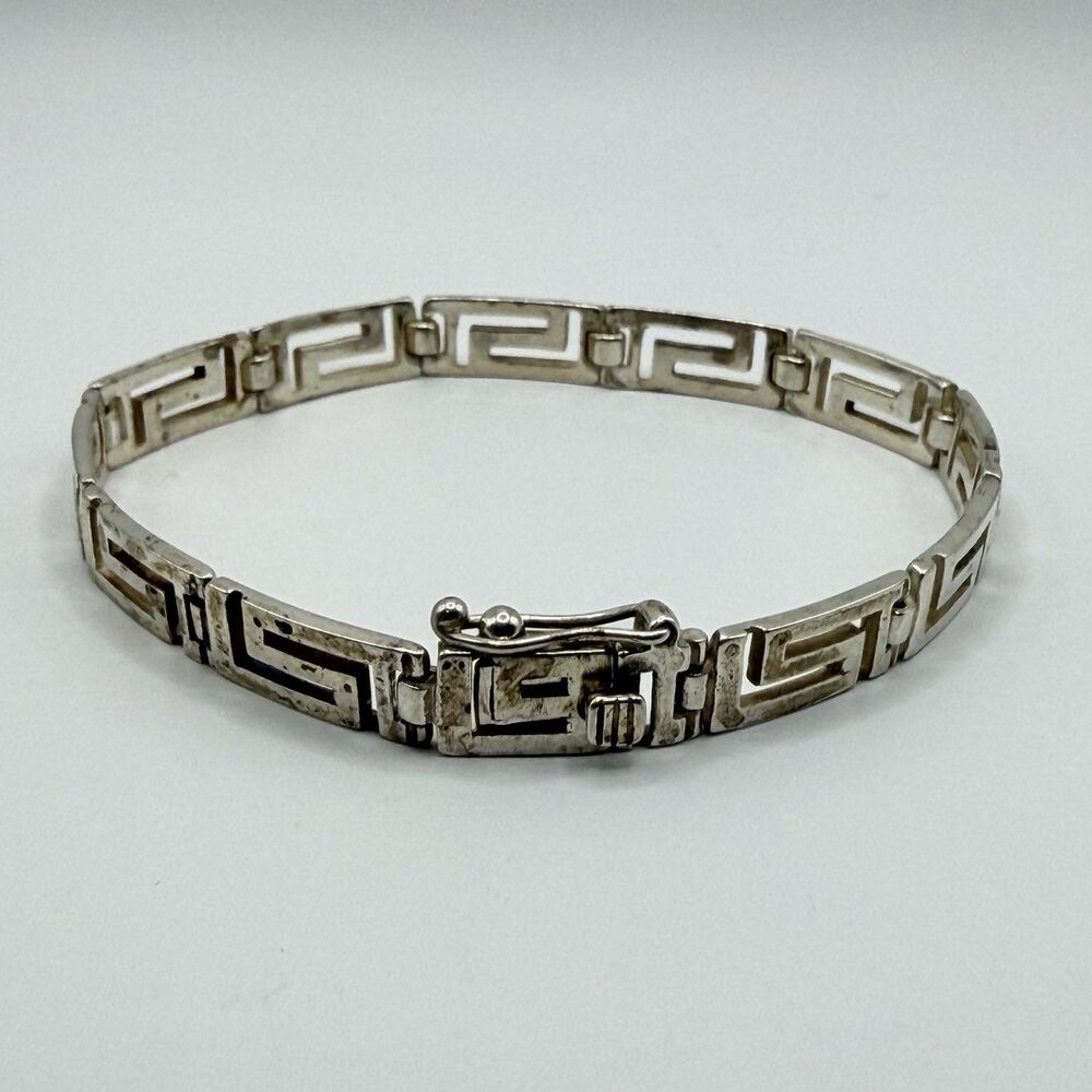 925 Sterling Silver Greek Key Meander Link Bracelet 8" 14.9g